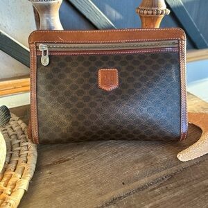 💯 Authentic certified Céline Vintage Macadam Wristlet Pouch Brown Leather